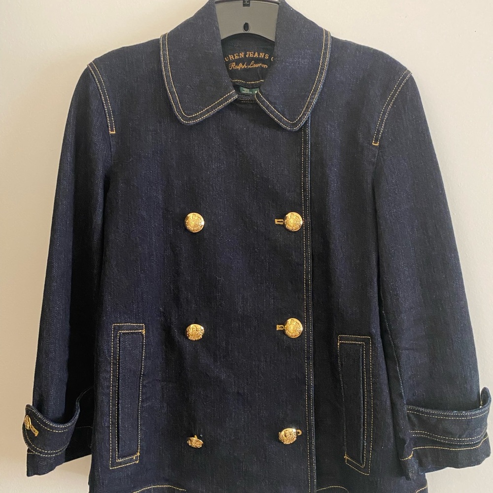 🐴 Ralph Lauren Jeans Co. Double Breasted Gold Button Denim Peacoat Jacket, M - Picture 10 of 10